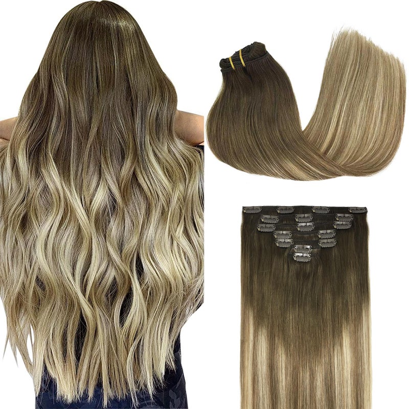 Goo-Goo GOO GOO Clip in Hair Extensions Real Human Hair, Remy Human Hair Extensions Clip ins for Women, Natural Human Hair, 14inch 120g 7Pcs, 3/8/613 Balayage Walnut Brown to Ash Brown and Bleach Blonde - Image 1