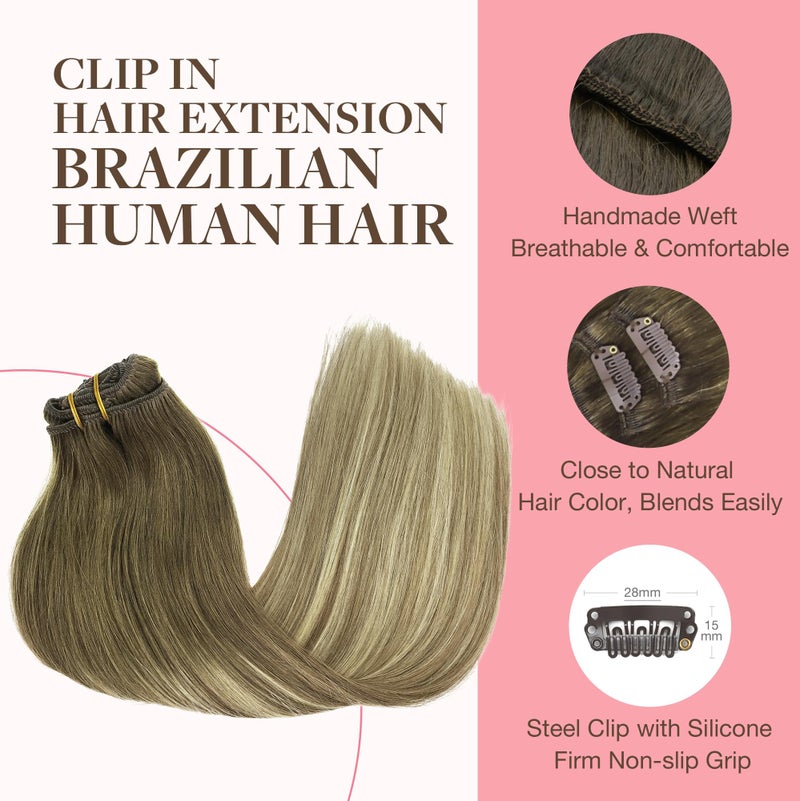 Goo-Goo GOO GOO Clip in Hair Extensions Real Human Hair, Remy Human Hair Extensions Clip ins for Women, Natural Human Hair, 14inch 120g 7Pcs, 3/8/613 Balayage Walnut Brown to Ash Brown and Bleach Blonde - Image 3