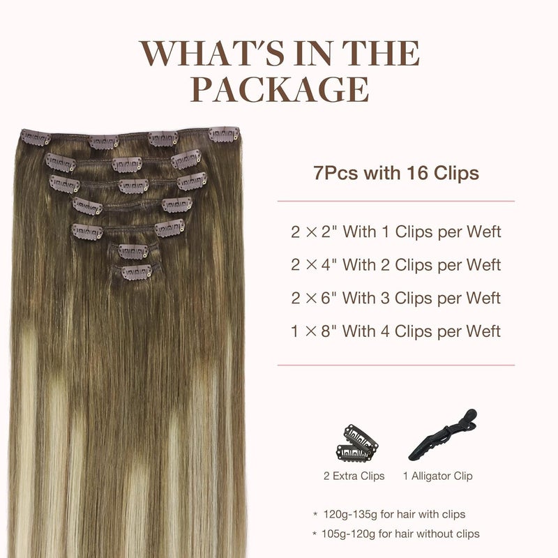 Goo-Goo GOO GOO Clip in Hair Extensions Real Human Hair, Remy Human Hair Extensions Clip ins for Women, Natural Human Hair, 14inch 120g 7Pcs, 3/8/613 Balayage Walnut Brown to Ash Brown and Bleach Blonde - Image 2
