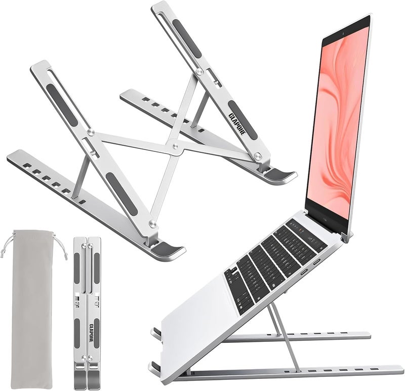 CLAPONE Premium Metal Laptop Stand Foldable, Aluminum Note Book Stand Portable Any Laptop Stand Adjustable Height/OverHeating Protection Laptops/MacBooks/Table and Many More (Silver, MLS003) - Image 1