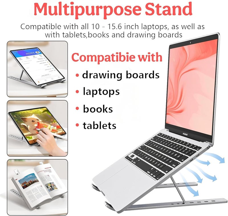 CLAPONE Premium Metal Laptop Stand Foldable, Aluminum Note Book Stand Portable Any Laptop Stand Adjustable Height/OverHeating Protection Laptops/MacBooks/Table and Many More (Silver, MLS003) - Image 4