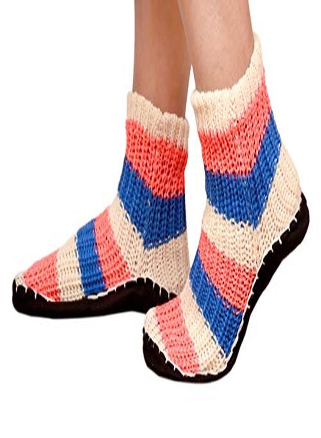 HRBS Handmade Warm Winter Knitted Ankle length short socks for Girls and boys fancy booties for male/female Free size- Pack of 1 Pair (Color- May vary) with Rubber Sole - Image 3