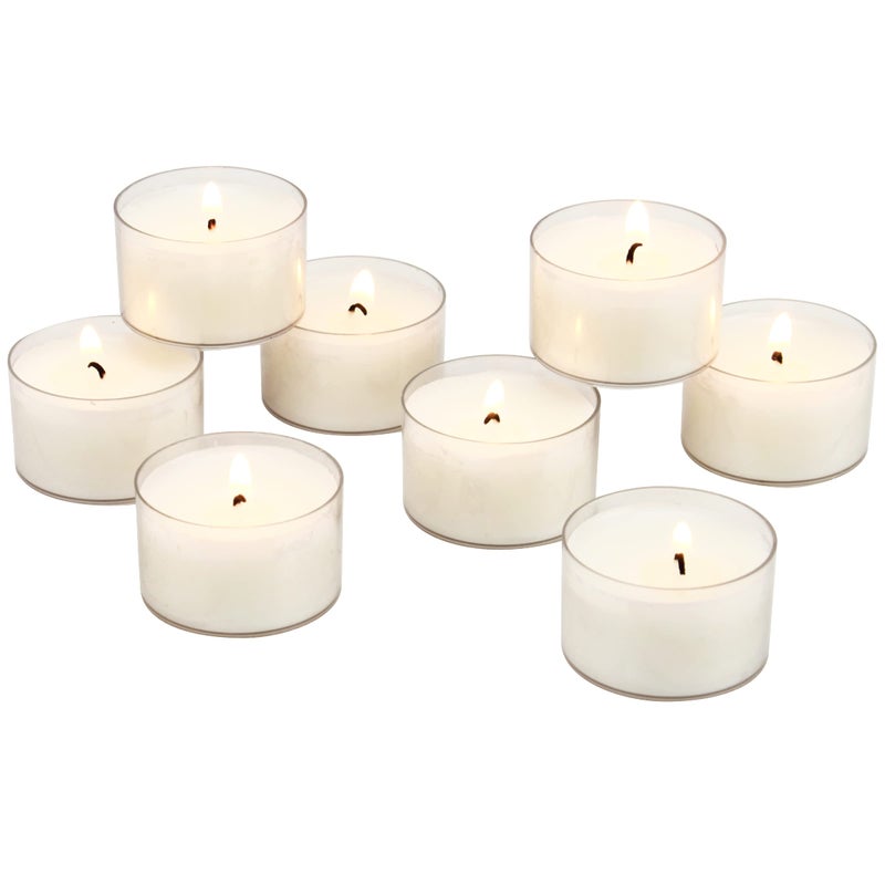 Stonebriar Bulk 96 Pack Unscented Smokeless Long Burning Clear Cup Tea Light Candles with 8 Hour Extended Burn Time White