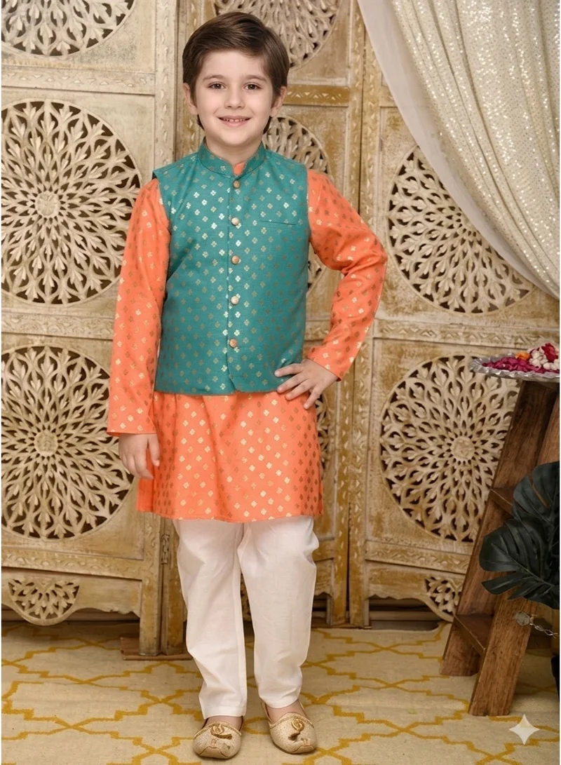 Saka Designs Boys Orange Kurti with Churidar & Green Jacket