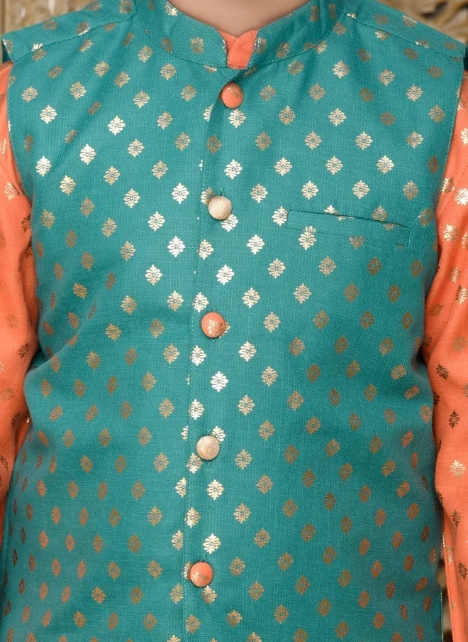 Saka Designs Boys Orange Kurti with Churidar & Green Jacket