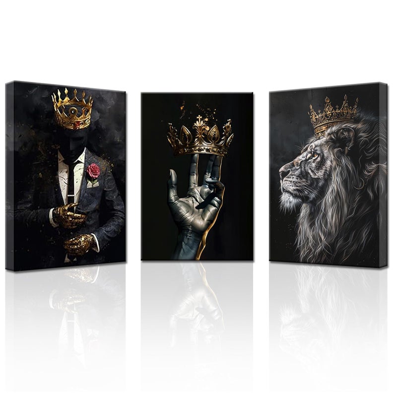 PBXBJY African American Wall Art 3 Pieces Black Man Wearing Gold Crown Canvas Prints African Lion King Portrait Poster Wall Decor for Men Bedroom Framed (African, (12.00" x 16.00" x 3PCS)) - Image 1