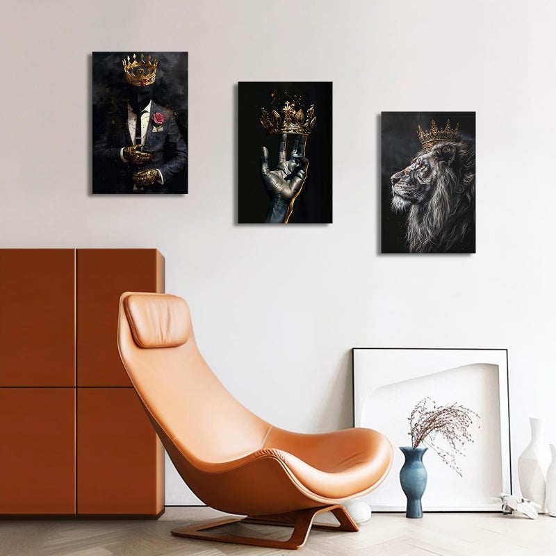PBXBJY African American Wall Art 3 Pieces Black Man Wearing Gold Crown Canvas Prints African Lion King Portrait Poster Wall Decor for Men Bedroom Framed (African, (12.00" x 16.00" x 3PCS)) - Image 3