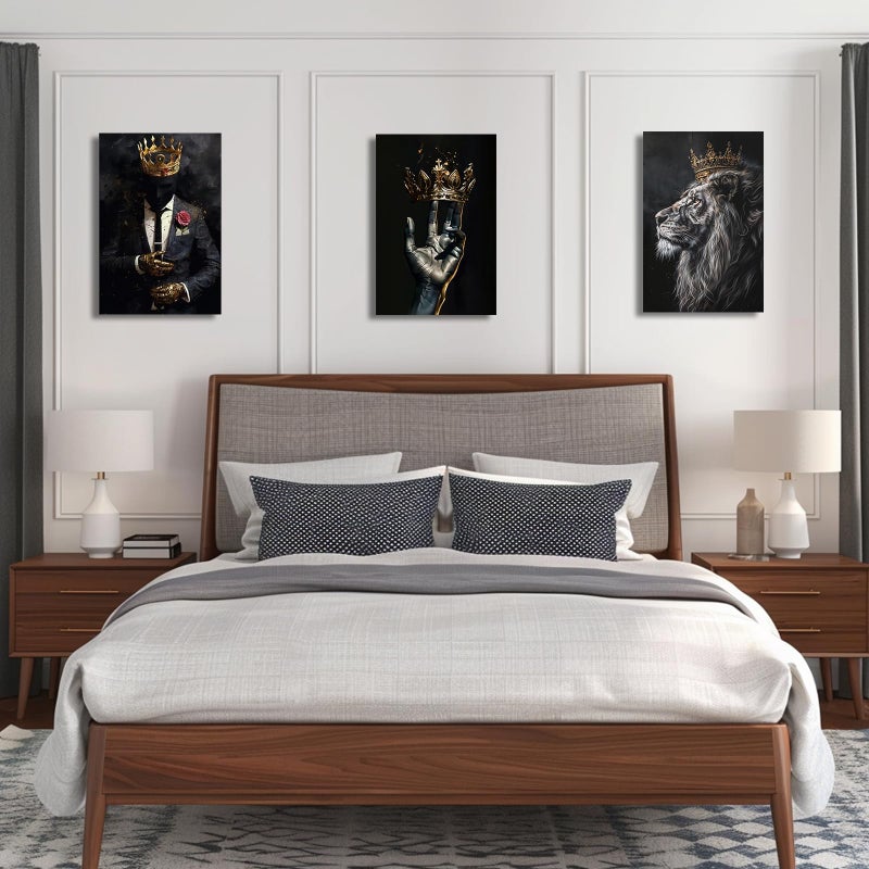 PBXBJY African American Wall Art 3 Pieces Black Man Wearing Gold Crown Canvas Prints African Lion King Portrait Poster Wall Decor for Men Bedroom Framed (African, (12.00" x 16.00" x 3PCS)) - Image 2