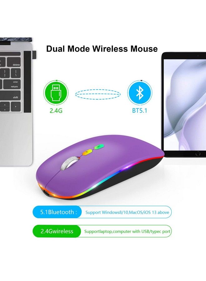HotLife Led Wireless Mouse Slim Rechargeable Wireless Bluetooth Mouse 2.4G Portable Usb Optical Wireless Computer Mice With Usb Receiver And Type C Adapter (Purple)  - Image 5