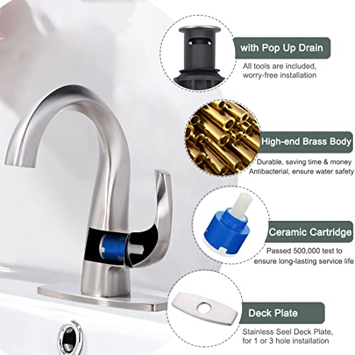 WOWOW Single Handle Bathroom Faucet, 1 Hole, High Arc, Brushed Nickel, Pop-up Drain, Solid Brass, Commercial Bathroom Sink Faucet, Basin Vanity Bar Faucet - Image 3