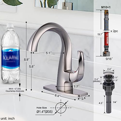 WOWOW Single Handle Bathroom Faucet, 1 Hole, High Arc, Brushed Nickel, Pop-up Drain, Solid Brass, Commercial Bathroom Sink Faucet, Basin Vanity Bar Faucet - Image 5