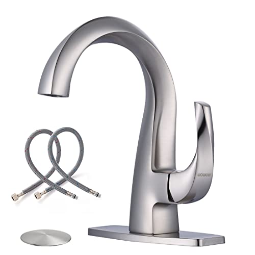 WOWOW Single Handle Bathroom Faucet, 1 Hole, High Arc, Brushed Nickel, Pop-up Drain, Solid Brass, Commercial Bathroom Sink Faucet, Basin Vanity Bar Faucet - Image 1