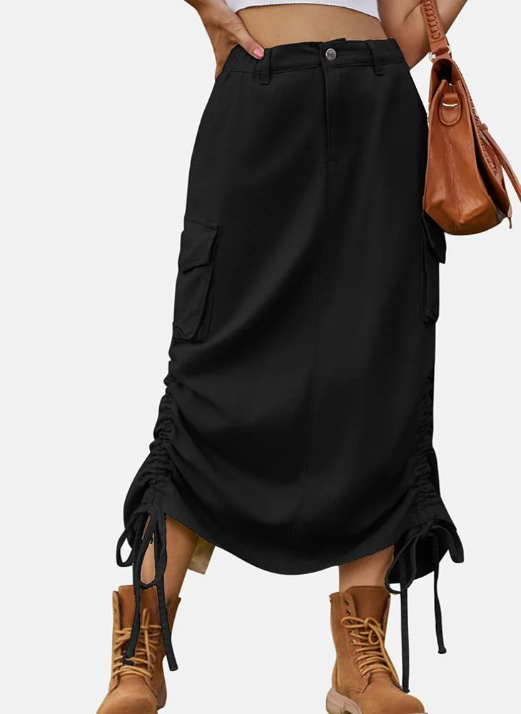 YUNIQEE Black Mid Rise Plain Midi Skirt