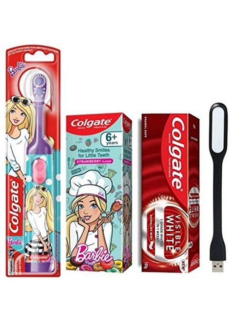 Colgate Kids Barbie Extra Soft Electric Battery Powered Toothbrush;Colgate Antivatic Barbie Toothpaste (Strawberry Flavor) ; Colgate Visible White Toothpaste And (Free Usb Led Rs 150)