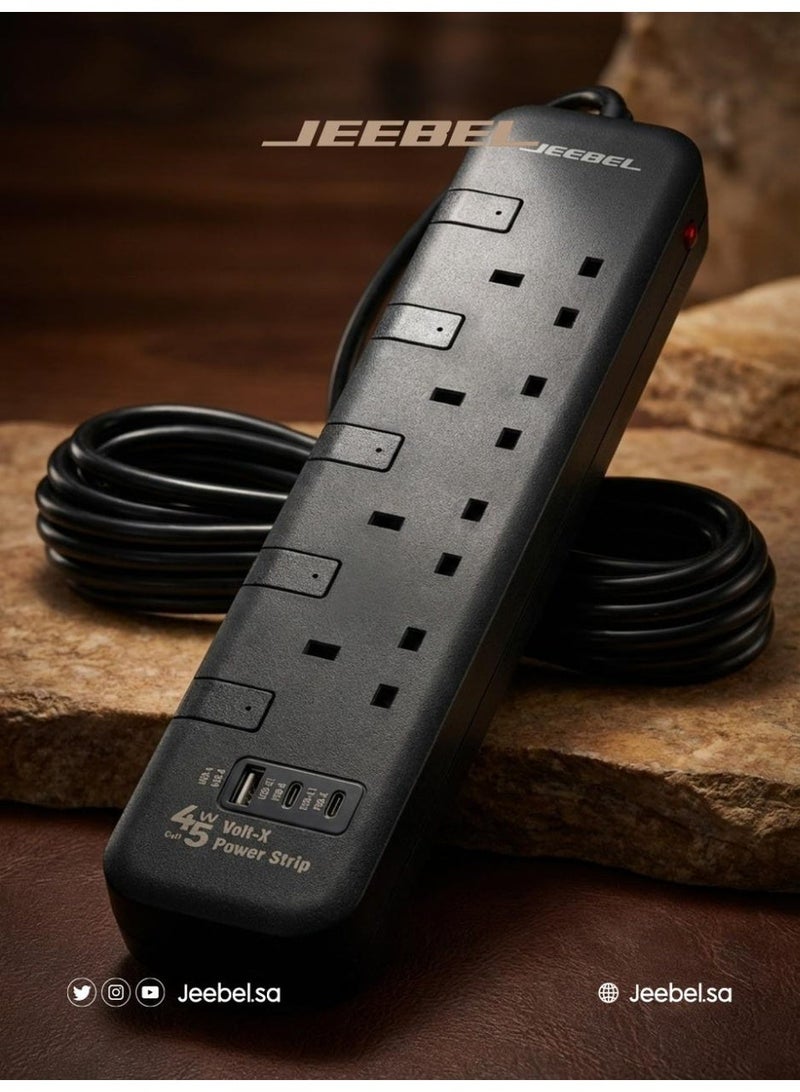 Jeebel Power Extension SASO Certified 2990W with 45W GaN Fast Charging, 4 Independent UK Sockets + USB-C & USB-A, Advanced Safety Protection, 5M Cable - Image 1