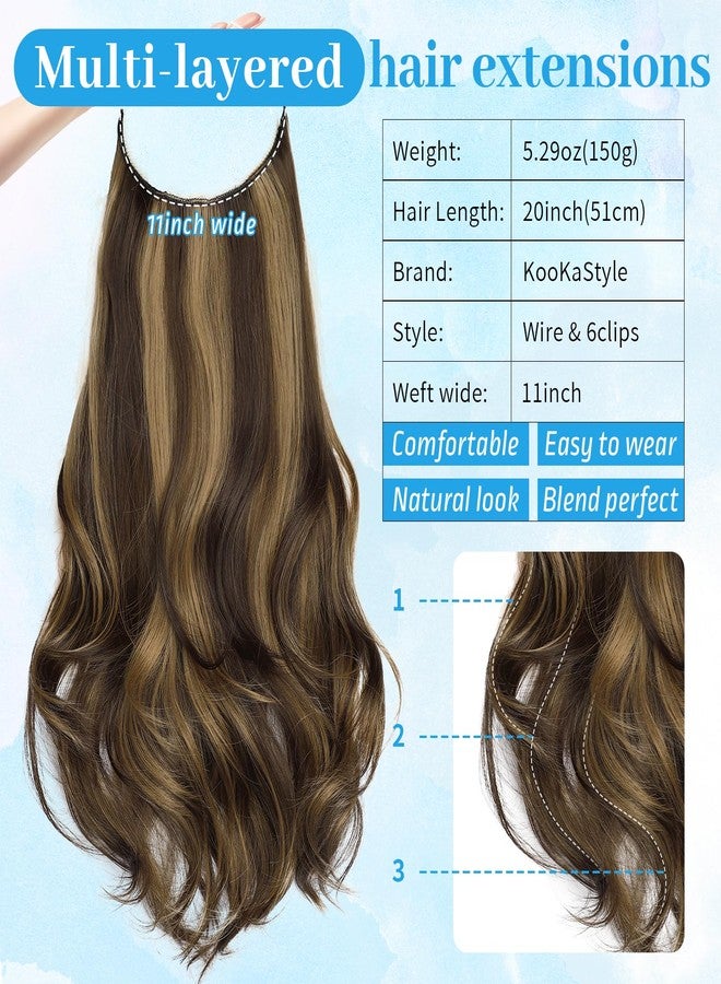 KooKaStyle Invisible Wire Hair Extensions Long Straight Layered Synthetic with Transparent Wire Adjustable Size 6 Secure Clips Hairpieces for Women 20 Inch (Balayage Chocolate Brown to Caramel Blonde) - Image 4