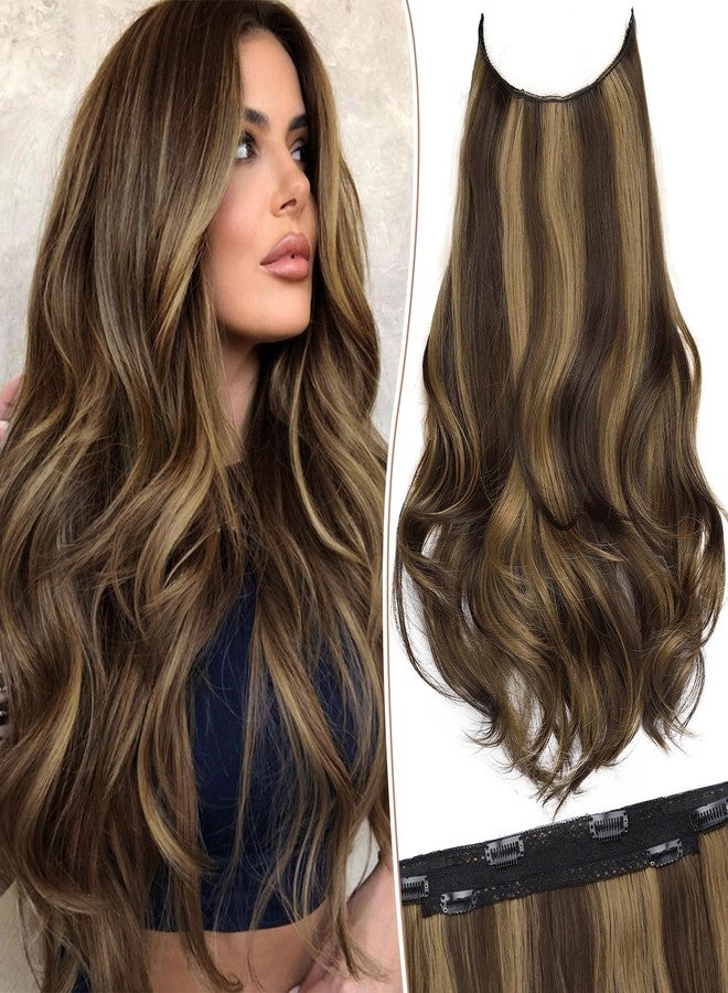 KooKaStyle Invisible Wire Hair Extensions Long Straight Layered Synthetic with Transparent Wire Adjustable Size 6 Secure Clips Hairpieces for Women 20 Inch (Balayage Chocolate Brown to Caramel Blonde) - Image 1