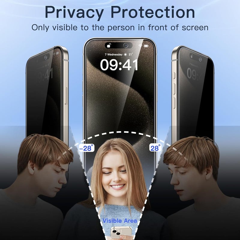 جي تيك واقي شاشة كامل التغطية للخصوصية من لجهاز iPhone 15 Pro مقاس 6.1 بوصة، فيلم زجاجي مقاوم للتجسس بحواف سوداء مع أداة تركيب سهلة، متوافق مع الحافظة، عبوة من قطعتين - Image 4