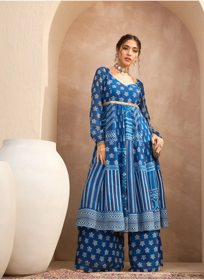 ساسافراس Floral Print Sweetheart Neck Anarkali Kurta with Palazzos Set