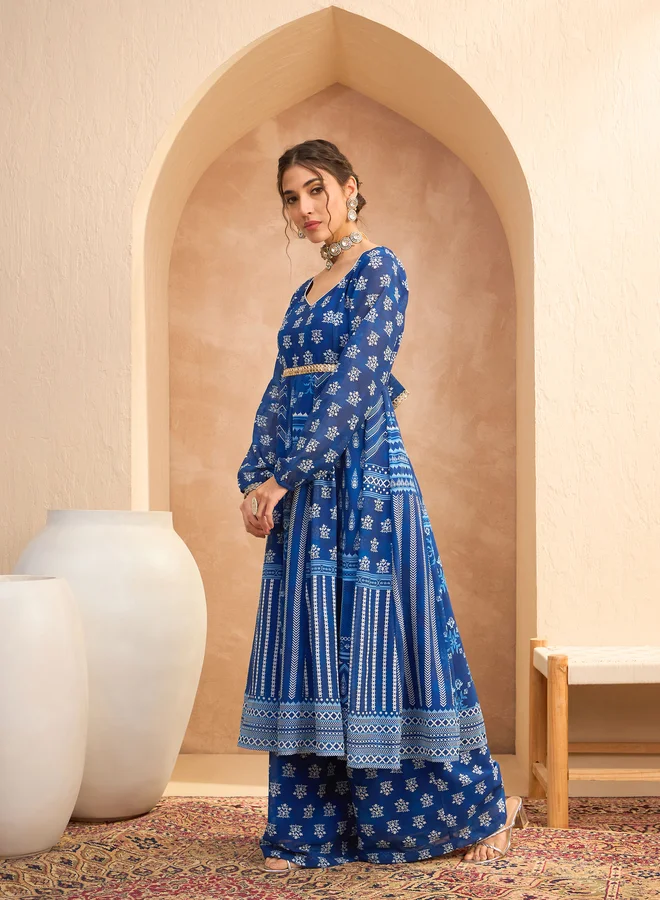 SASSAFRAS Floral Print Sweetheart Neck Anarkali Kurta with Palazzos Set