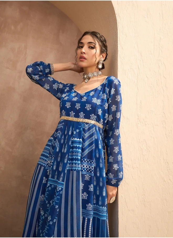 ساسافراس Floral Print Sweetheart Neck Anarkali Kurta with Palazzos Set