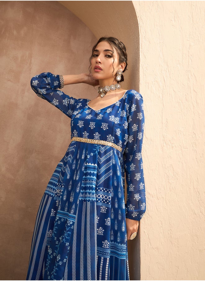 SASSAFRAS Floral Print Sweetheart Neck Anarkali Kurta with Palazzos Set  - Image 2