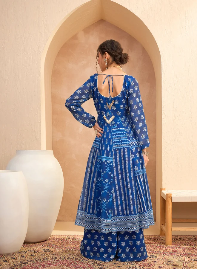 SASSAFRAS Floral Print Sweetheart Neck Anarkali Kurta with Palazzos Set