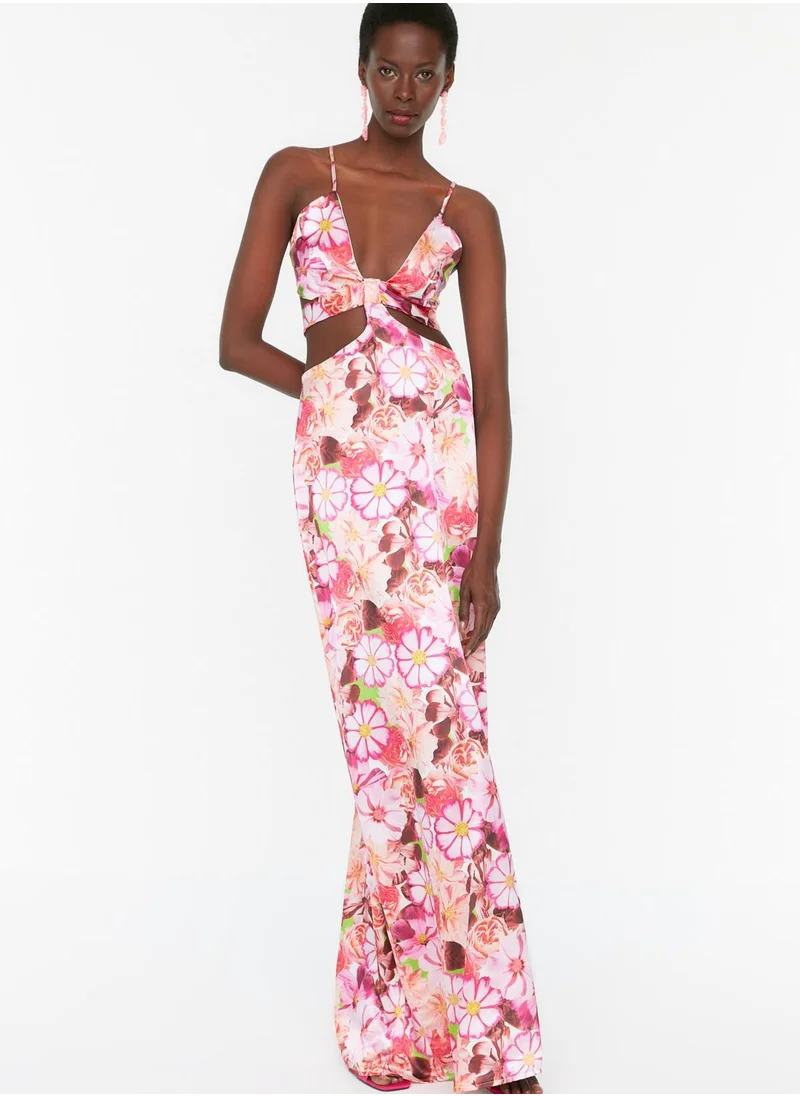 trendyol Strappy Floral Print Cut Out Detail Dress