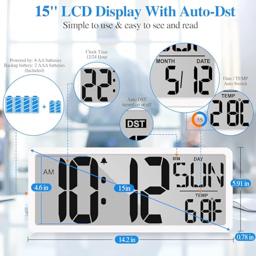 GEELION Large Digital Wall Clock 15.1 Inch Alarm Clock for Bedroom Wall Clocks Battery Operated Digital Clock Large Display with Temperature Desk Clocks for Office Living Room Decor - Image 4