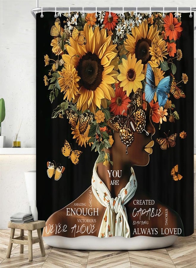 DeeCabin African American Shower Curtains Vintage Sunflower Flower Black Girl Shower Curtain Positive Confident Women Bath Curtain Waterproof Polyester Fabric Bathroom Accessories Decor with 12 Hooks, 70X70 - Image 1