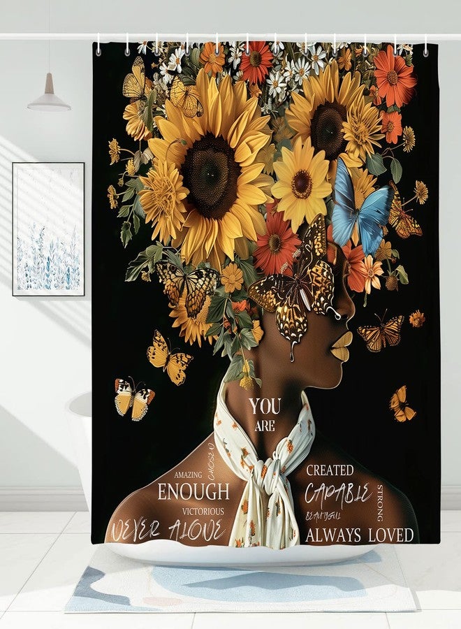 DeeCabin African American Shower Curtains Vintage Sunflower Flower Black Girl Shower Curtain Positive Confident Women Bath Curtain Waterproof Polyester Fabric Bathroom Accessories Decor with 12 Hooks, 70X70 - Image 3