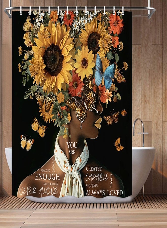 DeeCabin African American Shower Curtains Vintage Sunflower Flower Black Girl Shower Curtain Positive Confident Women Bath Curtain Waterproof Polyester Fabric Bathroom Accessories Decor with 12 Hooks, 70X70 - Image 2