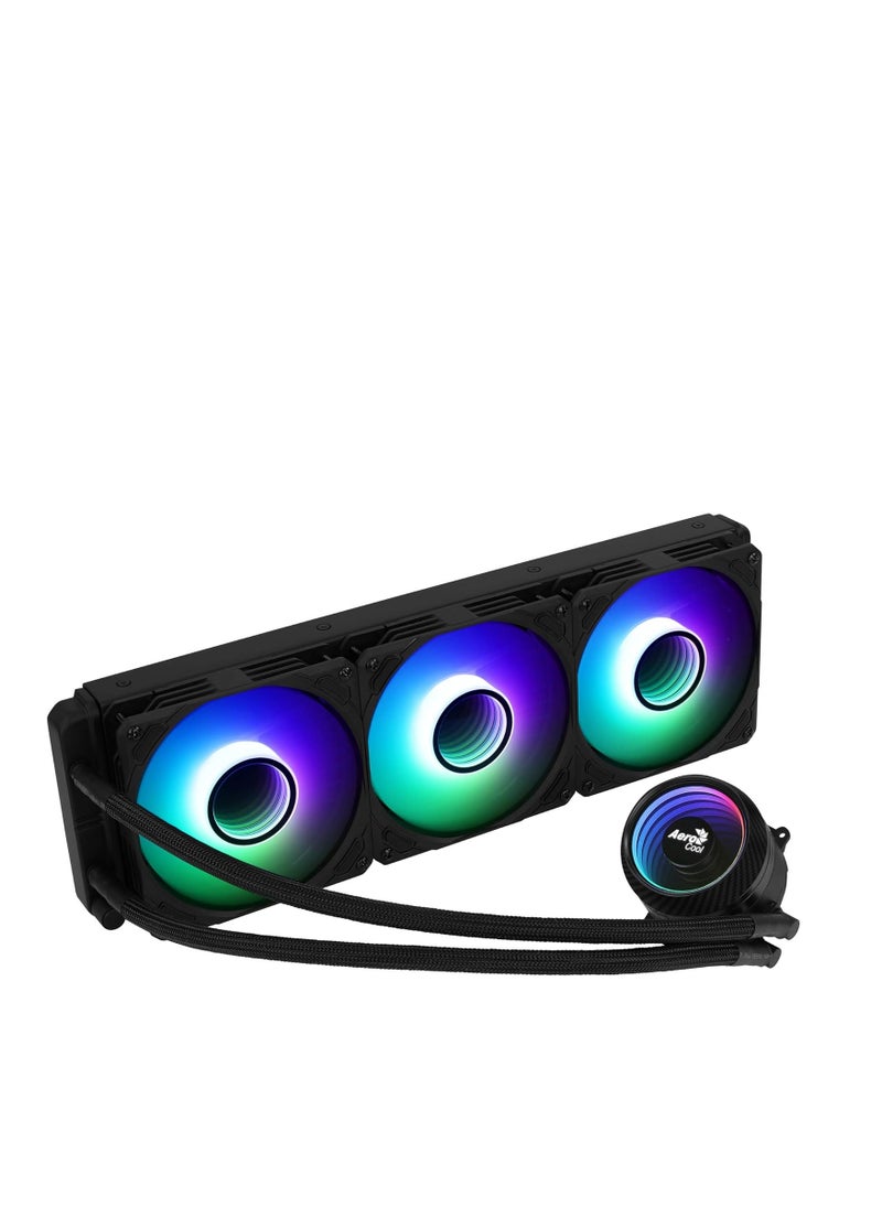 إيروكول مبرد سائل Aerocool Mirage L360، مقاس 360 مم ARGB، تصميم Infinity Mirror RGB، مراوح RGB قابلة للتوجيه صامتة، كتلة مياه من النحاس الخالص بتصميم قناة دقيقة  - Image 1