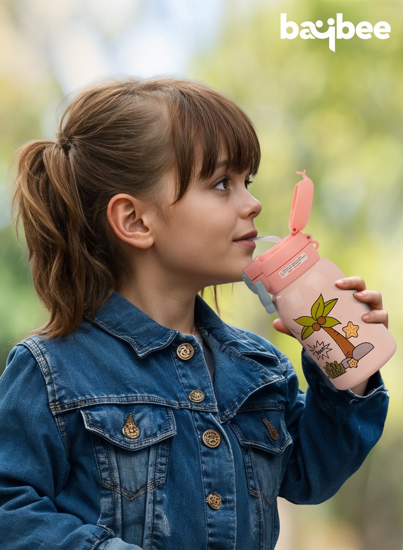 بيبي زجاجة مياه للأطفال 2 في 1 سعة 500 مل، خالية من مادة BPA، مزودة بقشة سيليكون، وحقيبة حمل من الفولاذ المقاوم للصدأ، بتصميم كرتوني إبداعي، زجاجة مياه للأطفال الصغار، وردية اللون - Image 3