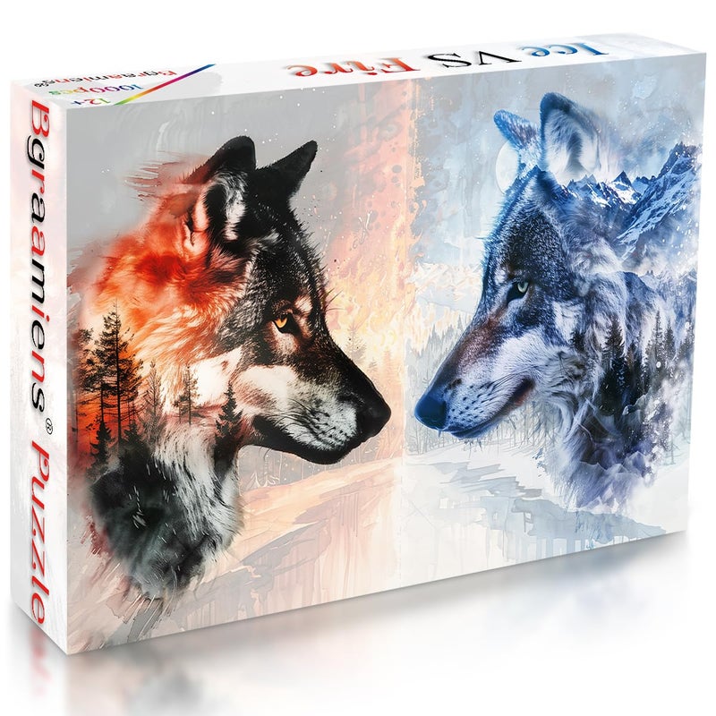 Bgraamiens - Ice VS Fire -1000 Pieces Fantasy Double Exposure Wolf Art, Nature Animals Puzzle Impossible Hard Puzzles for Adults - Image 2