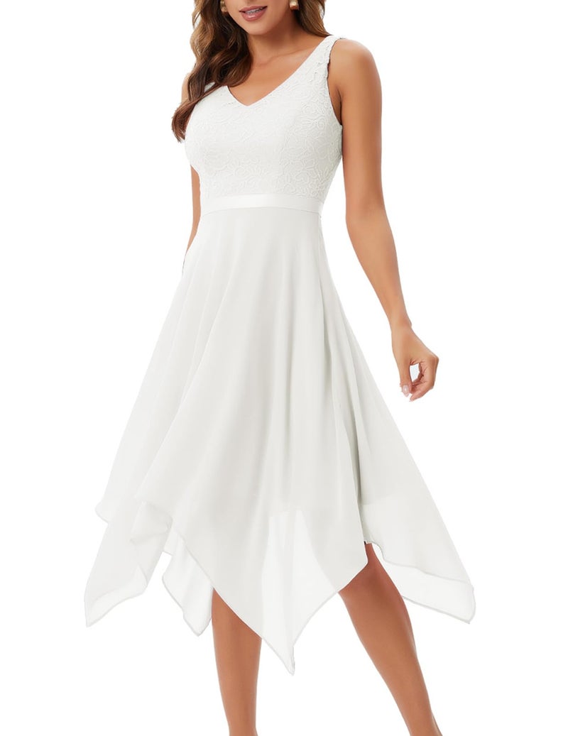 Meetjen Women A Line V Neck Lace Chiffon Dress Bridesmaid Cocktail Prom Dresses Vestidos De Mujer Elegantes White M - Image 1