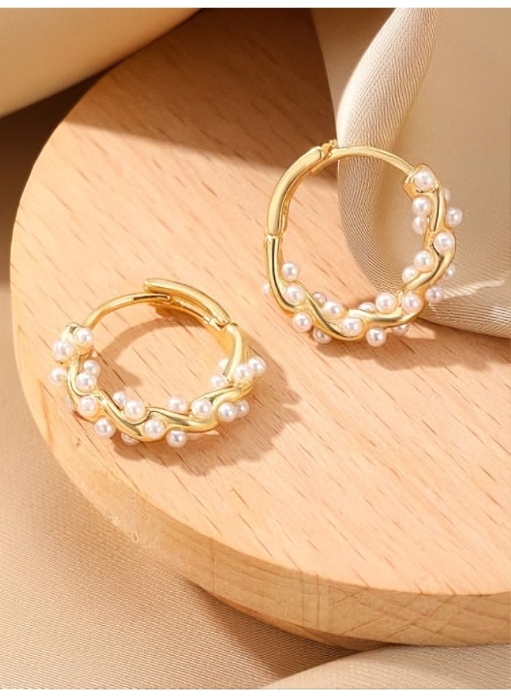 الكنز زوج واحد أقراط حلق دائرية نحاس مختلط فاخر مع لؤلؤ صناعي للنساء، أقراط حلق ذهبي مطلي معلقة لؤلؤ مزيف مجوهرات أنيقة، أقراط دائرية أنيقة للاستخدام اليومي والحفلات والزفاف هدية (ذهبي) - Image 5