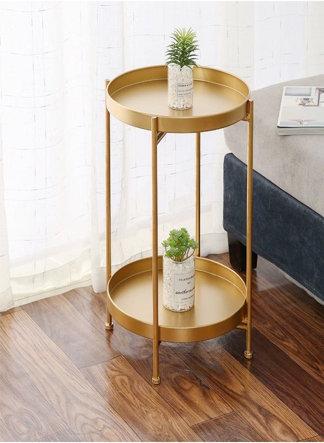 C&C Home 2 Tiers Multipurpose Portable Modern Luxury Design Stylish Golden Round Tray Table Nightstand Sofa Side Table Coffee Table for Bedroom Living Room Furniture 40x40x51.5 cm  - Image 2