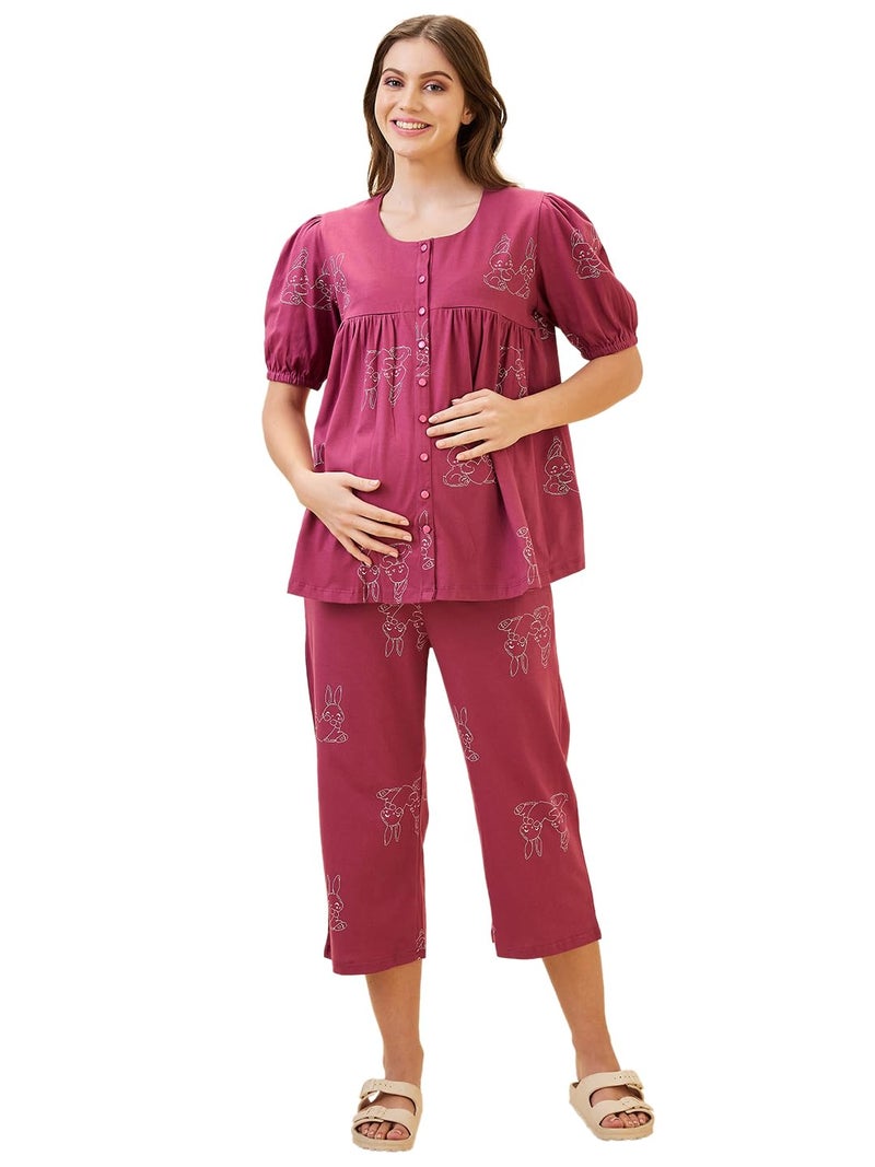 AV2 Store AV2 Women's Cotton Printed Maternity & Feeding Night Suit Set of Top & Relaxed Capri Nursing Night Dress -2123 - Image 1