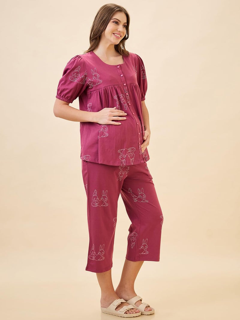 AV2 Store AV2 Women's Cotton Printed Maternity & Feeding Night Suit Set of Top & Relaxed Capri Nursing Night Dress -2123 - Image 4