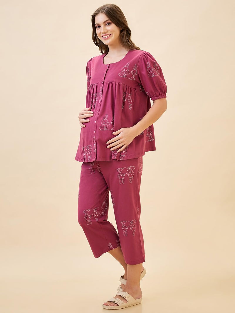 AV2 Store AV2 Women's Cotton Printed Maternity & Feeding Night Suit Set of Top & Relaxed Capri Nursing Night Dress -2123 - Image 3