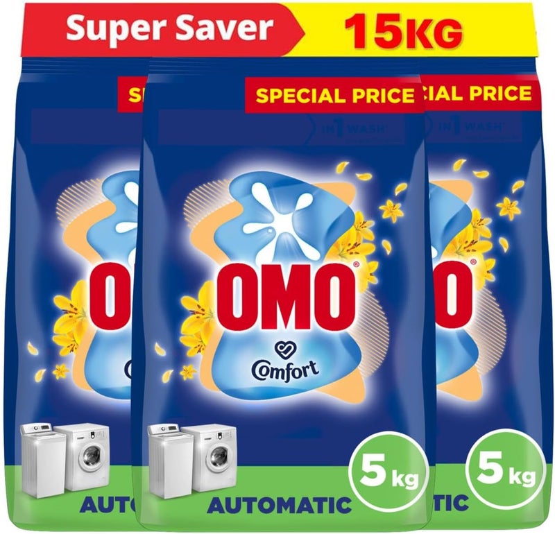 OMO Automatic Laundry Detergent Powder, Touch of Comfort, 15 Kg (5 Kg x 3) - Image 1