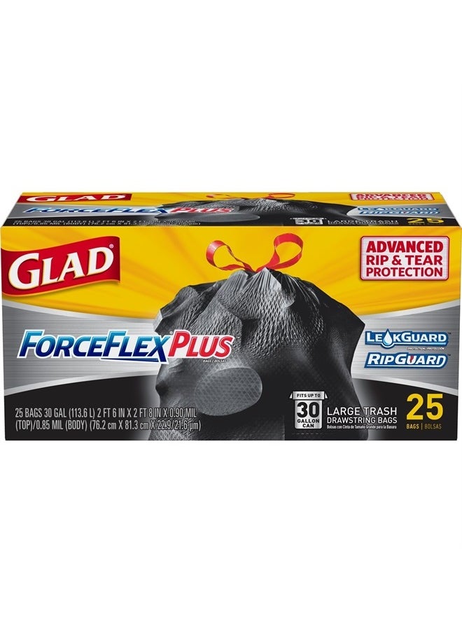 Glad Trash Bags, Large Drawstring Garbage Bags‚ ForceFlexPlus 30 Gallon Black Trash Bag - 25 Count Each (Pack of 6)  - Image 1