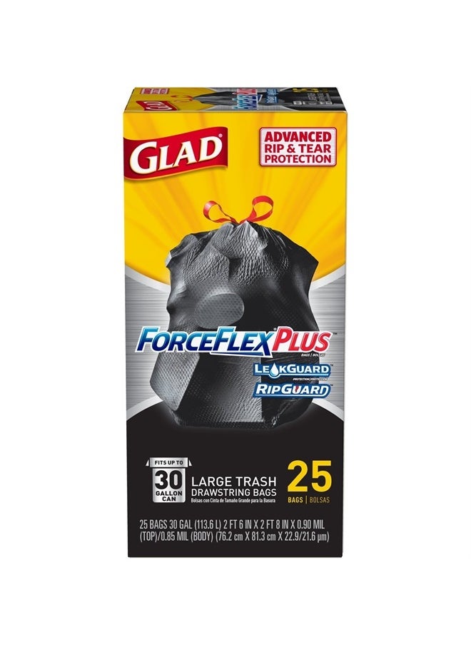 Glad Trash Bags, Large Drawstring Garbage Bags‚ ForceFlexPlus 30 Gallon Black Trash Bag - 25 Count Each (Pack of 6)  - Image 2