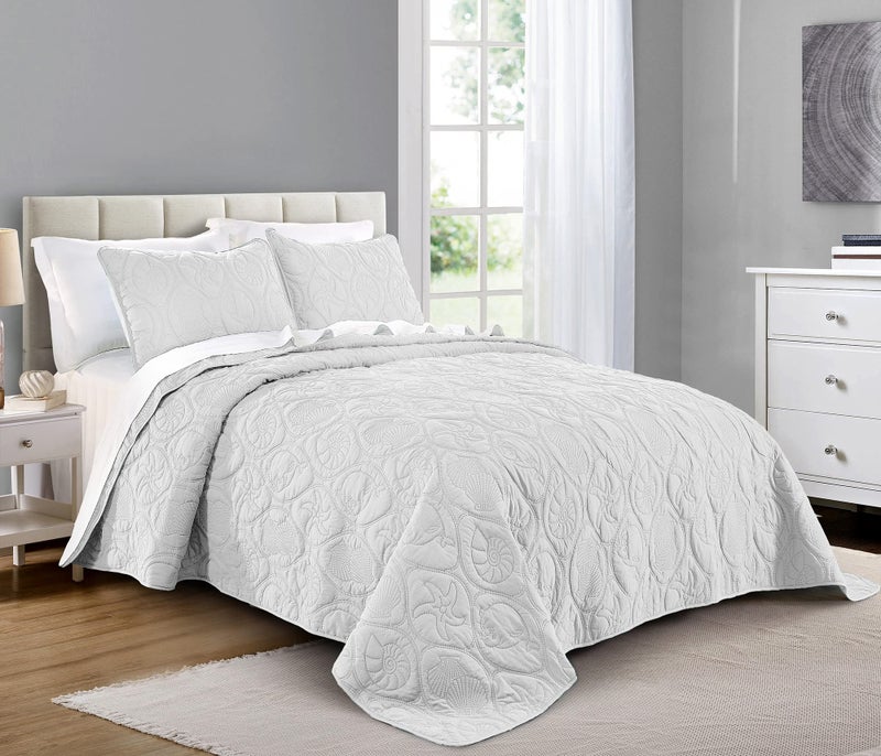 Pure Bedding Quilt Set King/Cal King/California King Size White - Oversized Bedspread - Microfiber Coverlet - Includes 1 Quilt and 2 Shams, Ocean Star Pattern - Image 1