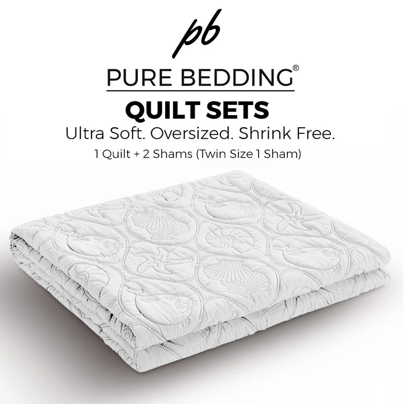Pure Bedding Quilt Set King/Cal King/California King Size White - Oversized Bedspread - Microfiber Coverlet - Includes 1 Quilt and 2 Shams, Ocean Star Pattern - Image 2