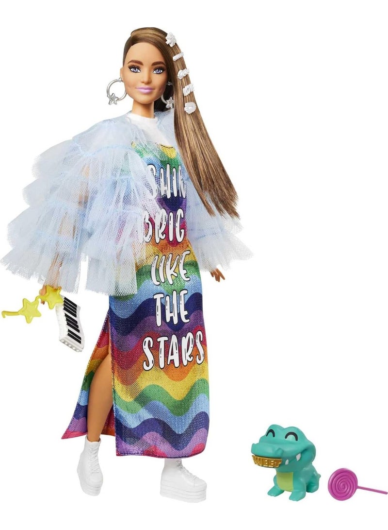 Barbie Extra Doll #9 in Blue Ruffled Jacket with Pet Crocodile for Kids 3 Years Old & Up - Image 1