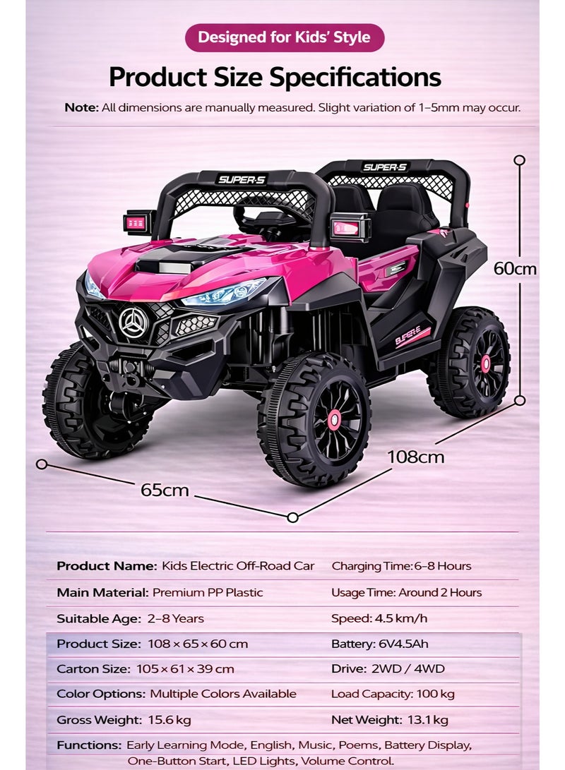 12V Kids Ride On Electric Car with Remote Control, 4WD Off-Road SUV, LED Lights, Music Player, USB & AUX, Dual Seat, Battery Powered Toy Car for Boys & Girls 2-8 Years - Image 4