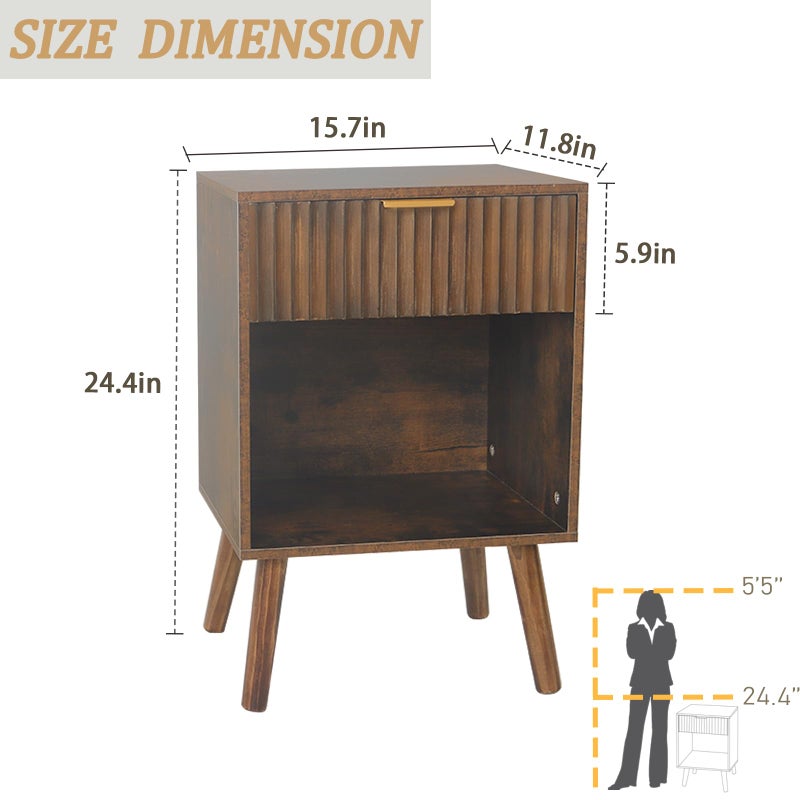 Fultyle Mid Century Modern Nightstand, Wood Bedside Table with Drawer and Opening Storage, End Table Living Room Fluted Night Stand with Solid Wood Legs for Bedroom (Rustic Brown) - Image 3