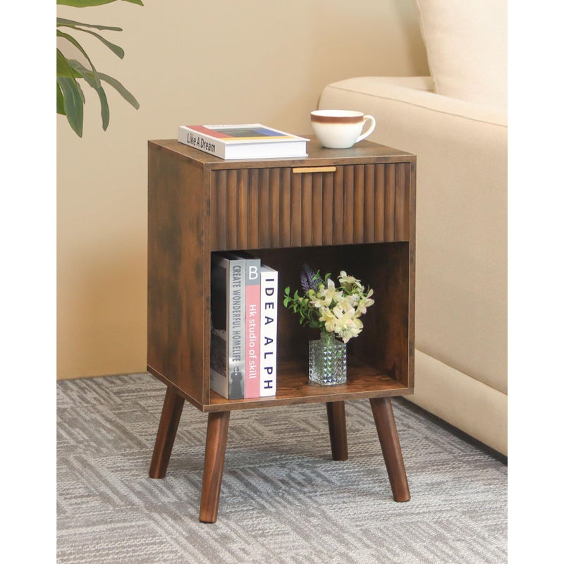 Fultyle Mid Century Modern Nightstand, Wood Bedside Table with Drawer and Opening Storage, End Table Living Room Fluted Night Stand with Solid Wood Legs for Bedroom (Rustic Brown) - Image 1